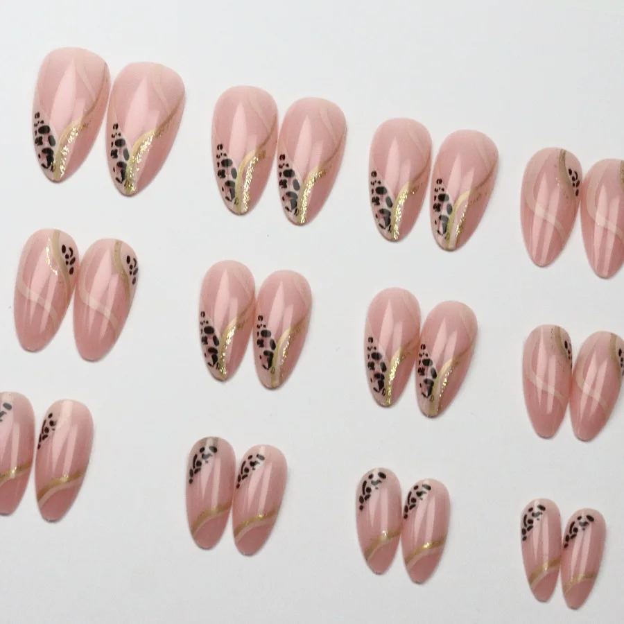 Medium fake nails for women girls Nude almond nail art tips with leopard golden strips design full cover press on false nail view 6