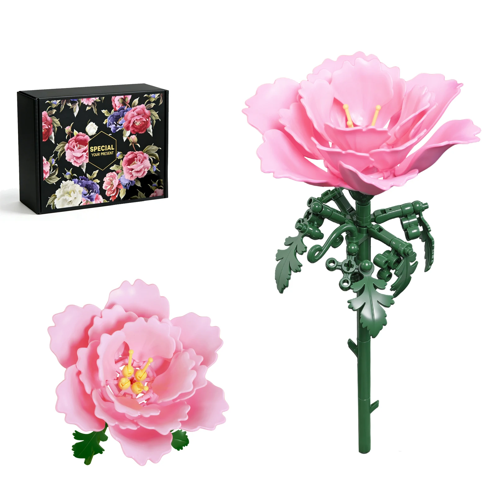 Peony Blossoms Building Block Bouquet Flowers Featuring Gradient Petal Details Ideal for Tabletop Display Home Deco（74 PCS）