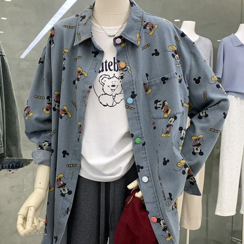 Mickey American Street Creativity Full Print Denim Shirt Women's Loose Boyfriend Style Shirt Korean Version Versatile Trend Coat