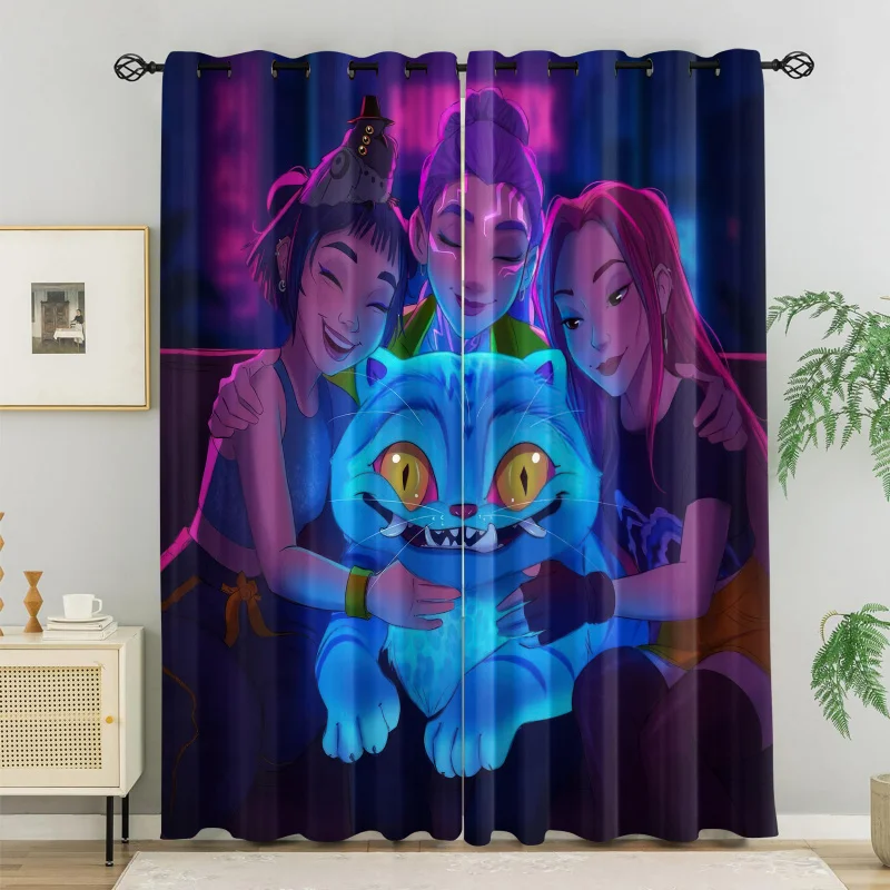 2pcs Hasbro Kpop Neon Blue Cat Blackout Curtains Light Blocking Anime Girls Print Grommet Window Drapes For Bedroom Living Room