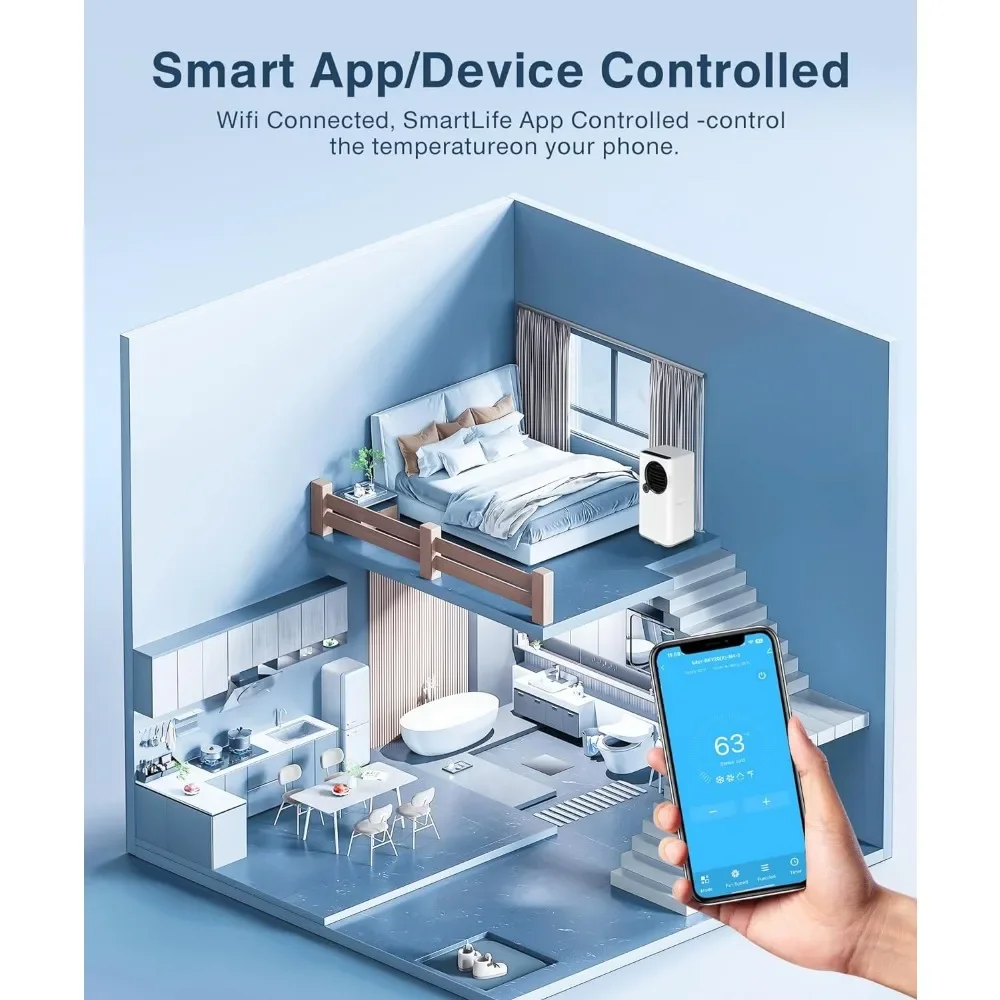 Condicionadores de ar portáteis com ventilador e desumidificador, Unidade de CA, Refrigeração e Aquecimento, Modo Inteligente e Suspensão, Balanço Automático, 16000 BTU, 5 em 1, 24H