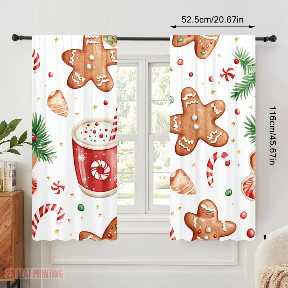 2pcs,2D plane printing Window Curtain Christmas Cookies Hot Chocolate Candy (2) Durable 100% Polyester Fabric (without rod)