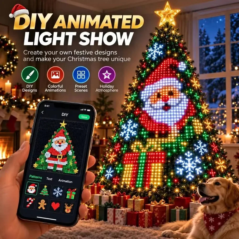 Smart Animated Christmas Tree Lights APP DIY Santa Pixel Display for Kids Room Gift Decoration Indoor Decorative Lighting Lamp