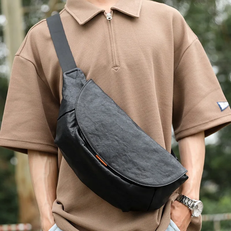 Imagem -02 - Wmnuo-bolsa de Peito de Vaca para Homens Capa Casual Macio Mensageiro Bolsas Crossbody Couro de Vaca Real Estilinete Masculino Bolsas de Cintura Preto Quente Novo