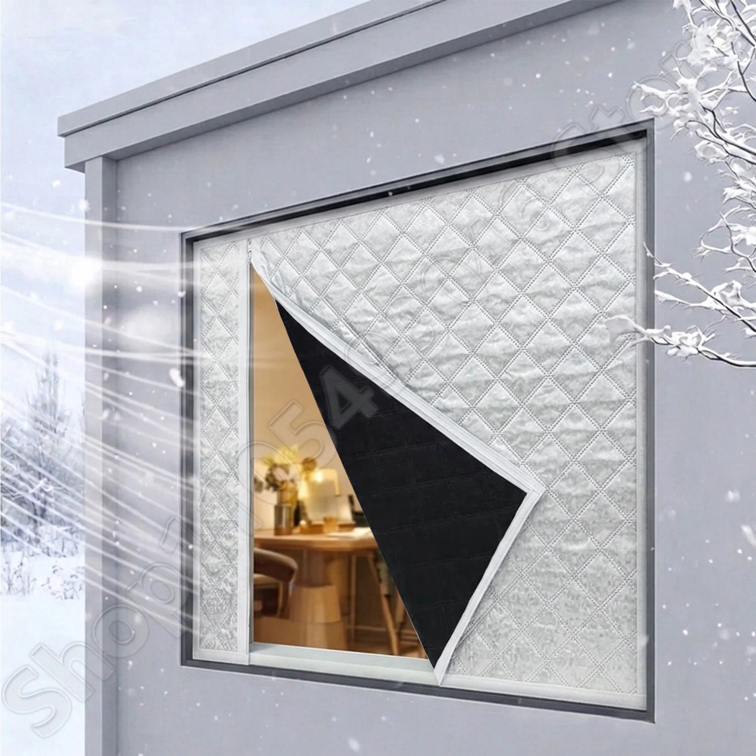 White, winter warm curtains, self-adhesive non perforated, thick windproof and cold proof curtains
