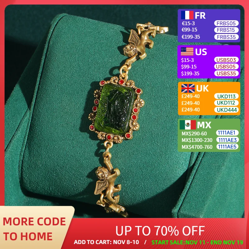 

Vintage Green Glass Bracelet Charm Square Relief Lion Woman Jewelry Real Gold Plated Luxury Designers Summer Accessories 2025