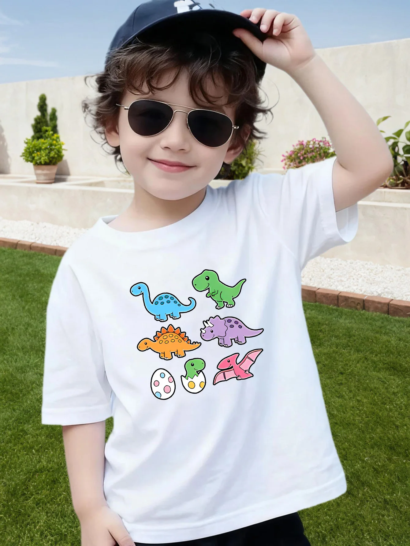 Lovely Color Cartoon Dinosaur Print Boys Girls Family Matching Cotton Short Sleeve Summer Soft Kids Crew Neck Casual Daily Tees