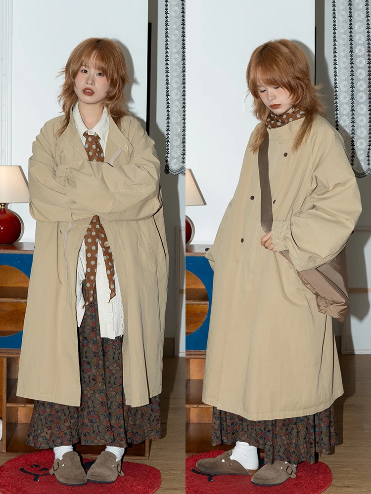 

Retro Japanese Sle Pure Color Coat Jaet Long Sve Stand Collar Button down Workwear Layering Autumn Winter Women's Faion