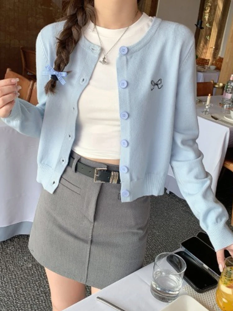 Autumn Winter Solid Full Sleeve Women Sweater Korean Style Bow Embroidered Knitted Cardigan Fashion O-Neck Single Breasted Tops