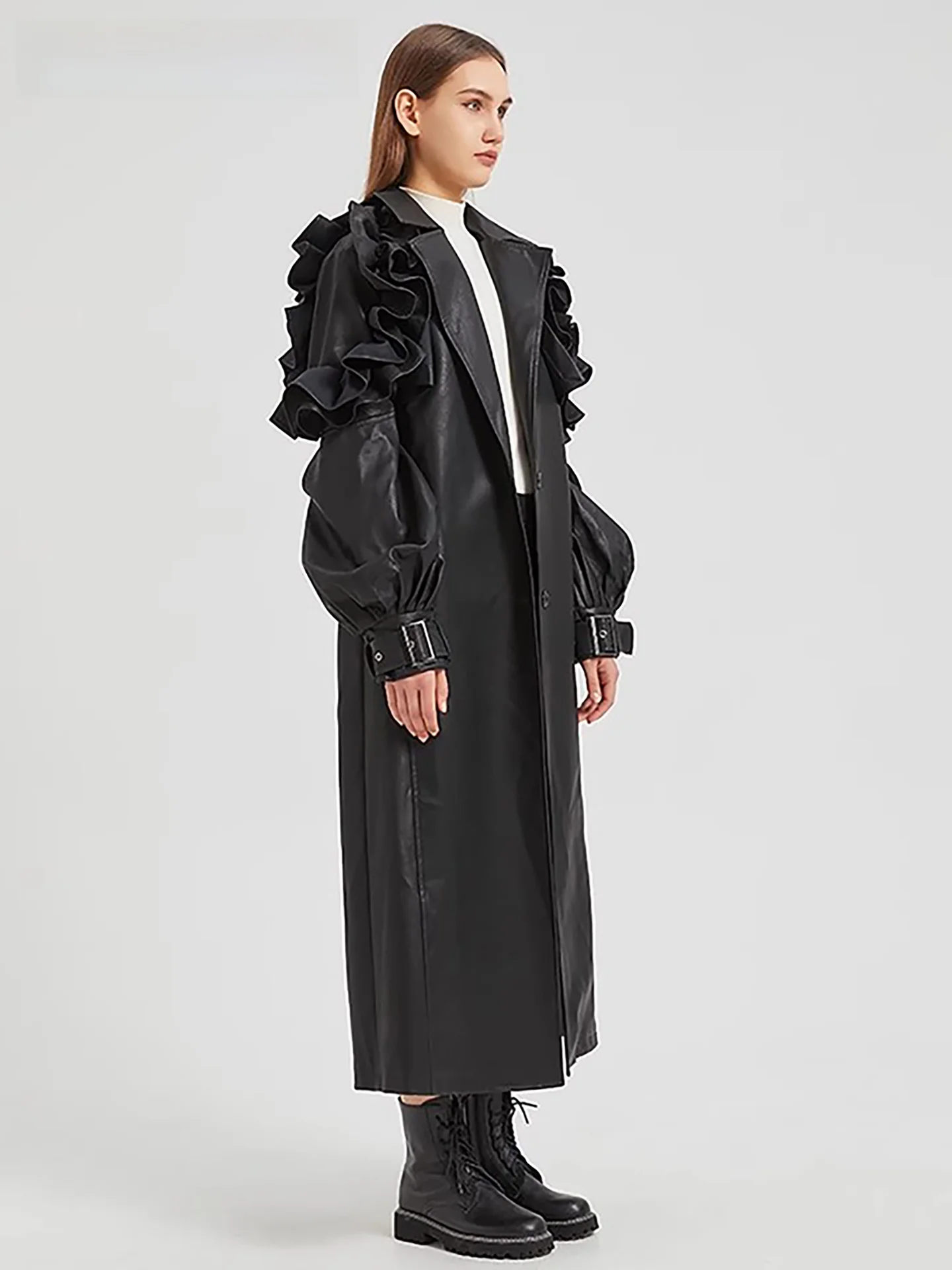 Giacca in Pelle PU da Donna Nerazzurri a Maniche Lunghe, Cappotto Lungo Rosso con Orlo in Pizzo, Vestibilità Ampia, Stile Casual Chic