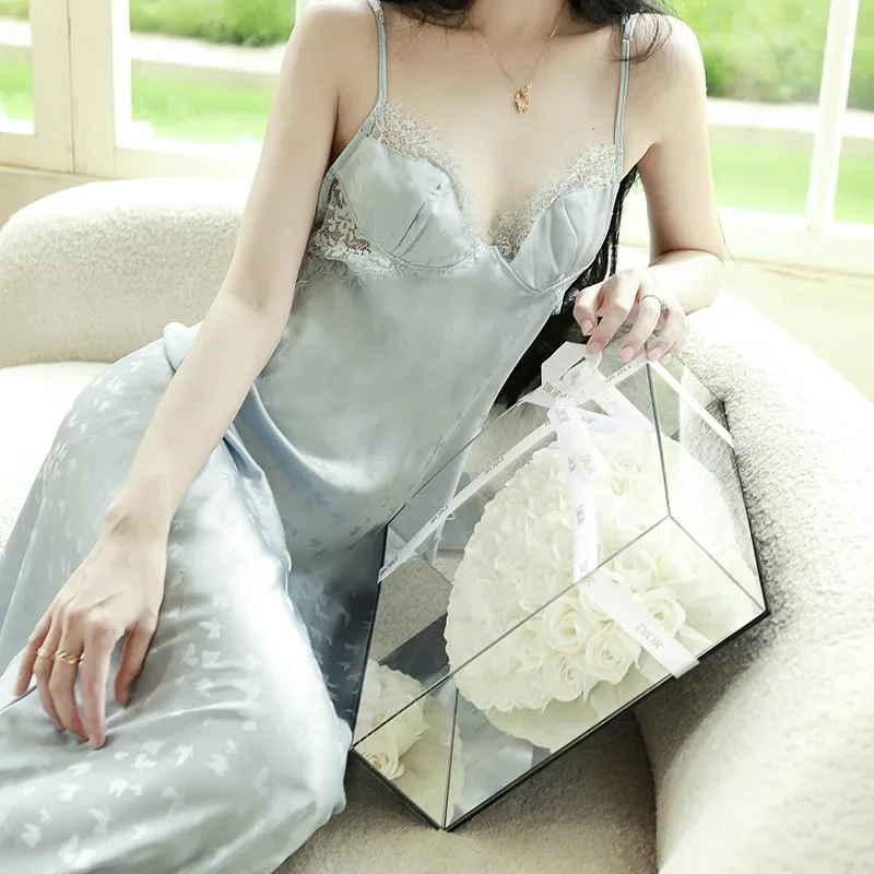 

Women Suspender Nightgown Long Home Dress Sexy Jacquard Lace Intimate Lingerie Nightdress Spring Summer Silk Satin Sleepwear