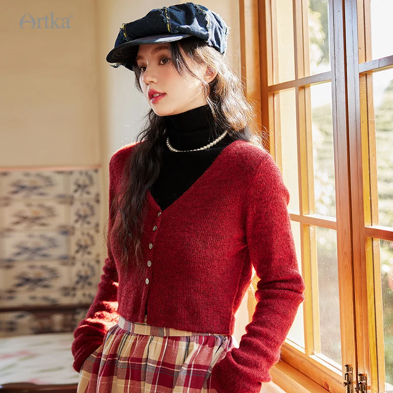 ARTKA 2023 Autumn New Women Cardigan Elegant Vintage Red Wool Sweater Top Long Sleeve V-Neck Short Cardigan Coat WB92238Q