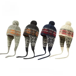 Autumn and Winter Jacquard Mixed Color Acrylic Knitted Cap Outdoor Men's and Women's Thermal Ear Protectors Lace Up Bomber Hats