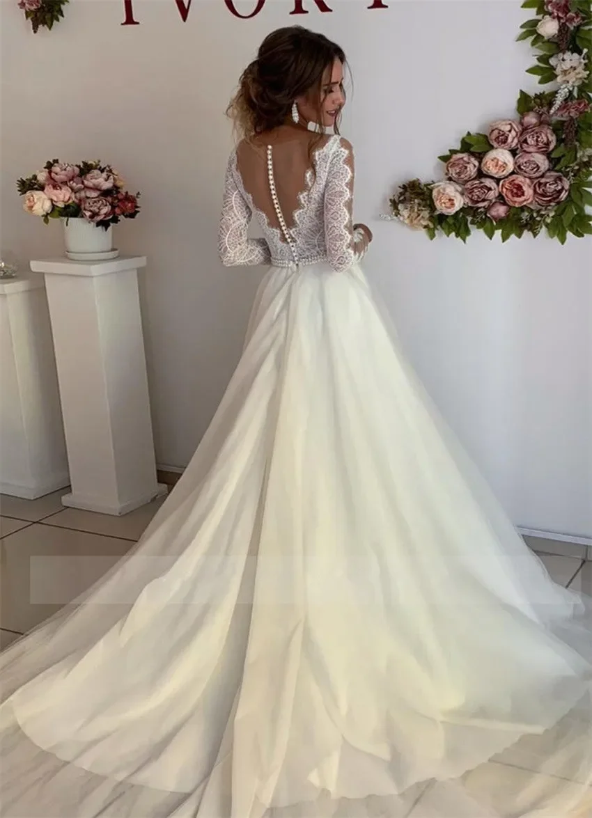 MYYBLE Cheap Bohemian Wedding Dress Sexy See Through Top Lace A Line Bridal Gowns Full Sleeves Floor Length with Buttons Back