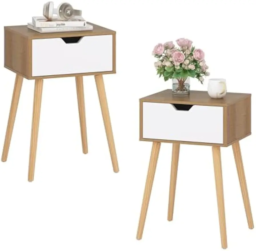 et of 2 Modern Wood Nightstand, Bedside Table with Drawer, Night Stand, End Table with Solid Wood Legs for Bedroom Home