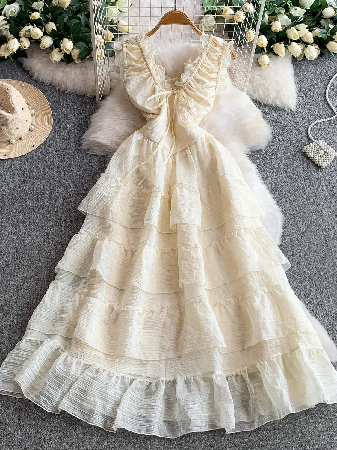 Vestido F Sem Mangas com Decote em V e Cordão, Saia em Camadas de Renda de Cintura Alta, Vestido de Verão A-line para ...