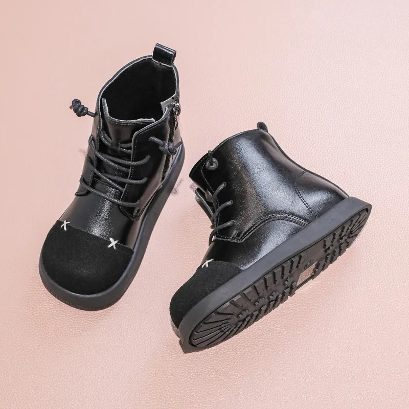 

Girls' mid length boots with side zipper leather boots and round toe 2025 Spring and Autumn children's soft soled fashion boots