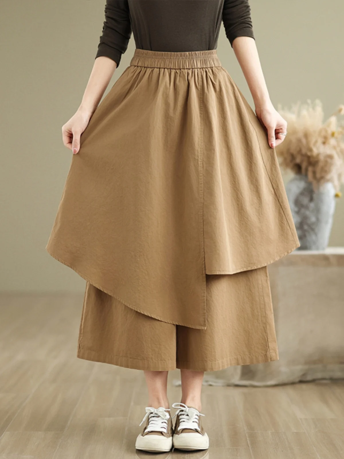 Jupe pantalon asymétrique taille haute pour femmes, ample, élastique, jambes larges, nouvelle collection été artistique Vintage, grande taille