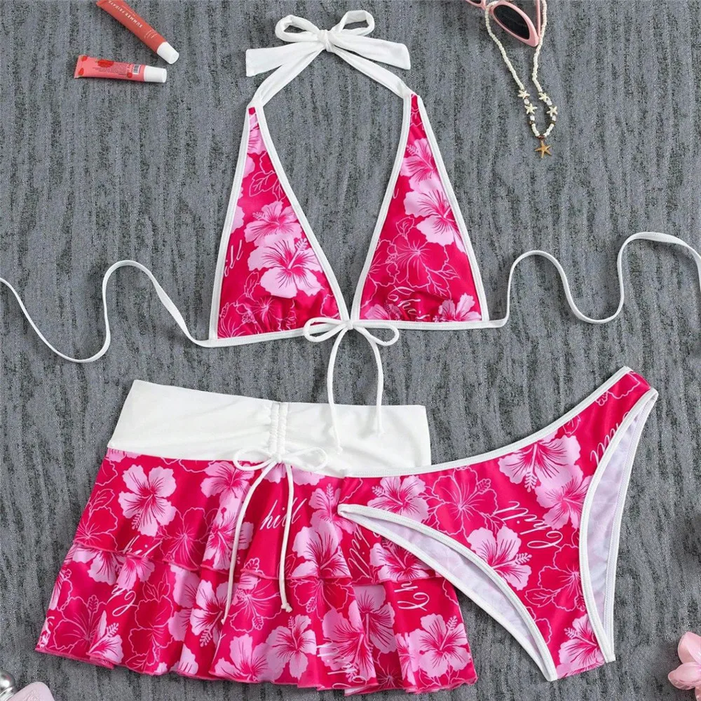 Red Flower Print Swimwear Mini Skirts Halter 3 Piece Bikini Set Cover Ups Sexy Swimsuit Women 2025 Lace-up Beachwear Bikinis