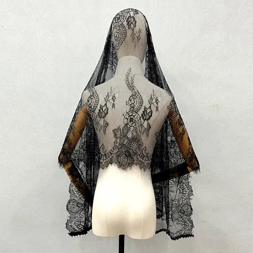 Imagen 2 del producto Mantilla de encaje para iglesia, velo de muselina para misa latina, velos cristianos españoles negros para boda, novia, capilla, velo católico