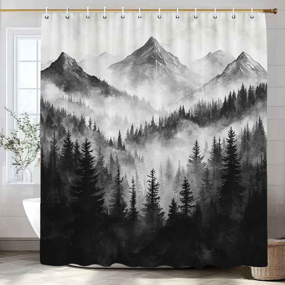

Black Tree Shower Curtain, Black Misty Forest Bathroom Decorative Shower Curtain, Waterproof Shower Curtain with Hooks
