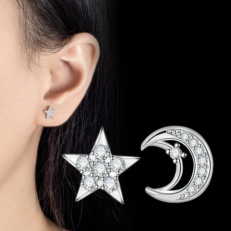 Micro Inlaid Zircon Stars Moon Earrings Compact and Versatile 925 Silver Earrings Exquisite Cute Ear Stud Gifts for Girl KOFSAC