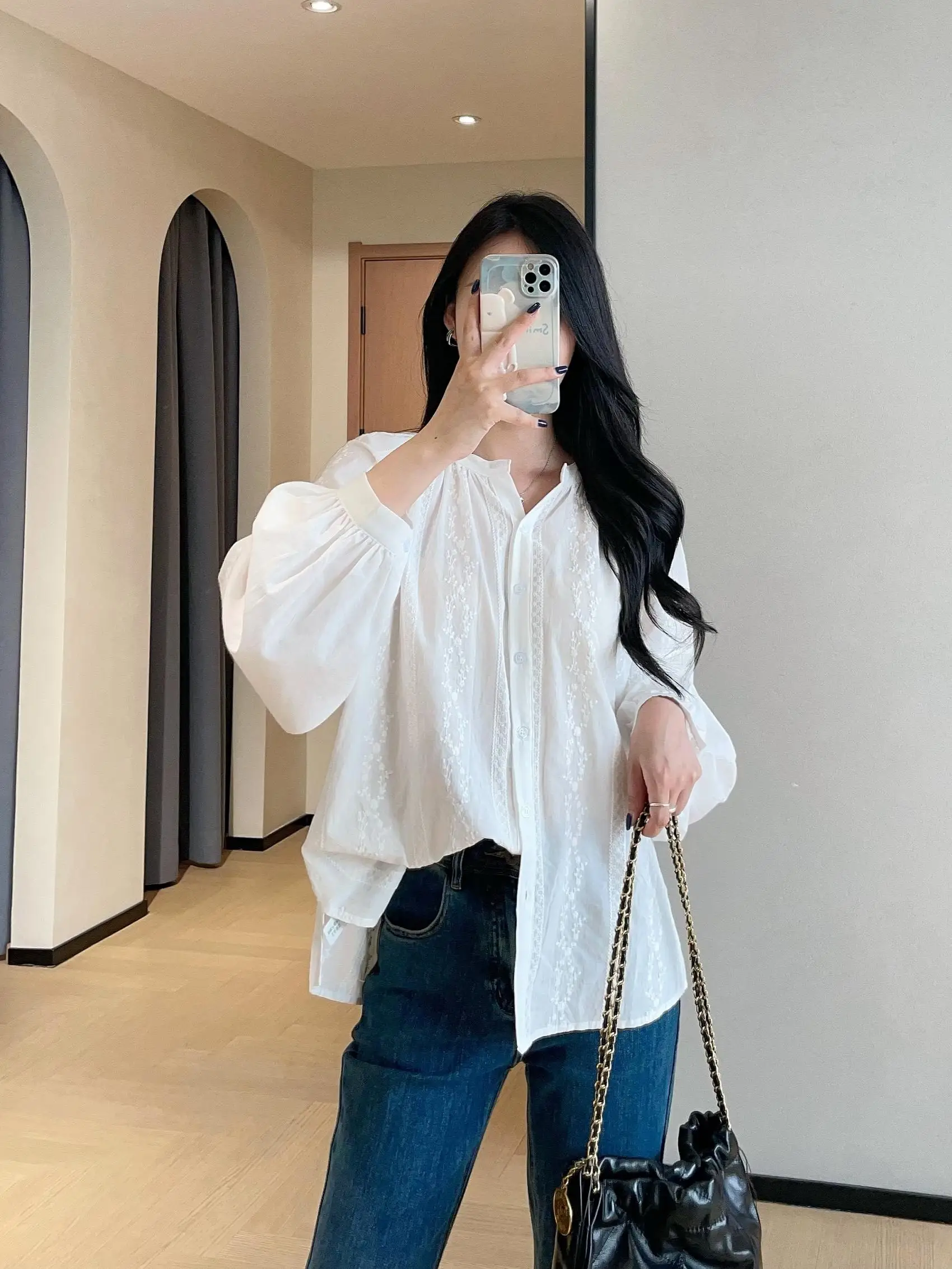 

WTHEONE Gentle Lace Embroidery Water Soluble Cotton Lantern Sve Pure Cotton irt Girl's Ele Small Top Autumn