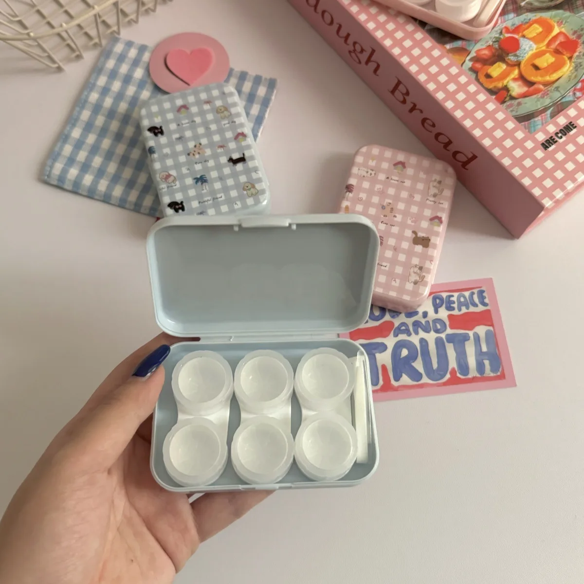 Ins لطيف شبكة عدسات لاصقة صندوق رفيق الرعاية مربع السفر عدسات لاصقة حالة الفتيات المحمولة العدسات اللاصقة