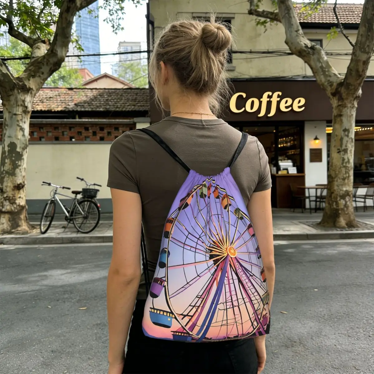 One Urban Ferris Wheel Pattern Backpacks Casual Drawstring Bundle Pocket Shoes Bag Book Bags for Travel School