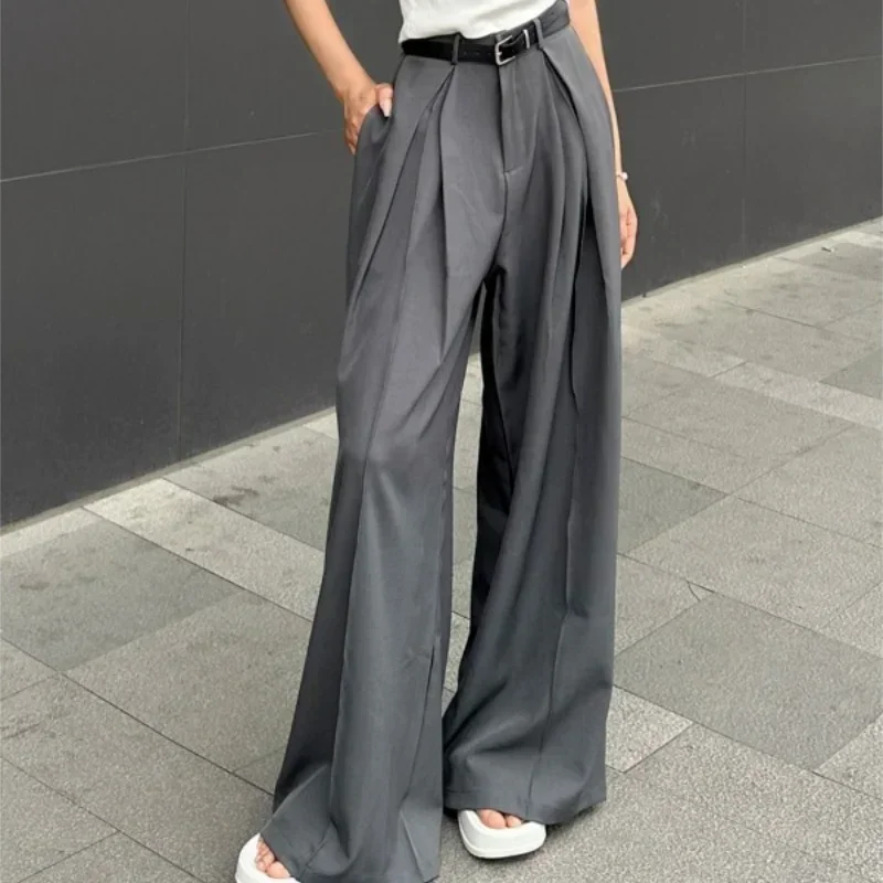 QWEEK Baggy Casual Grey Suit Pants Woman Korean Fashion Classical Office Ladies Wide Leg Trousers High Waist Basic Pantalones