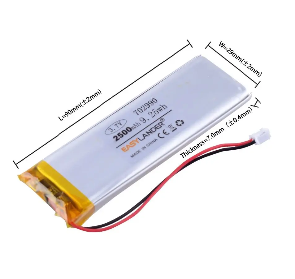 JST2.0 2P 702990 3.7V 2500mAh 703090 LIPolymer Lithium Li-Po Rechargeable Battery For GPS DVD E-book Tablet PC power bank