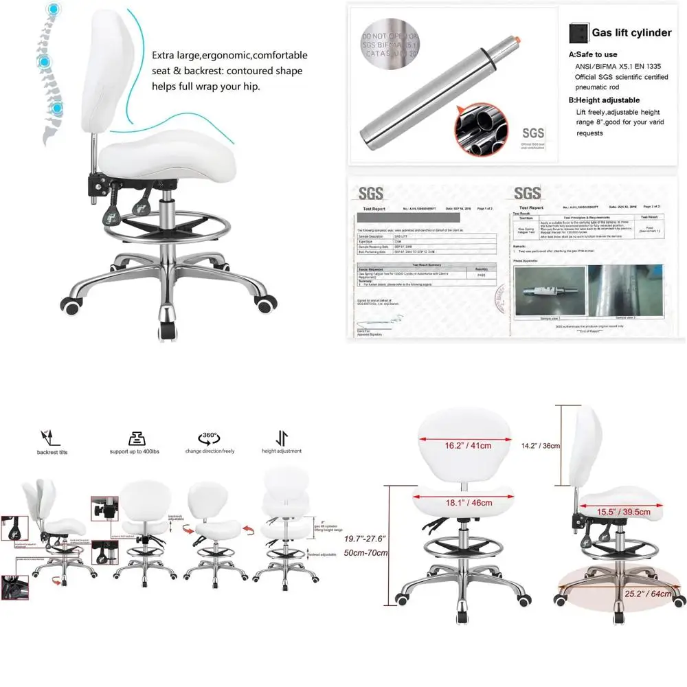 

Adjustable Swivel Stool with Backrest and Footrest, Rolling Chair for Home Office, Kitchen, and Studio (White)