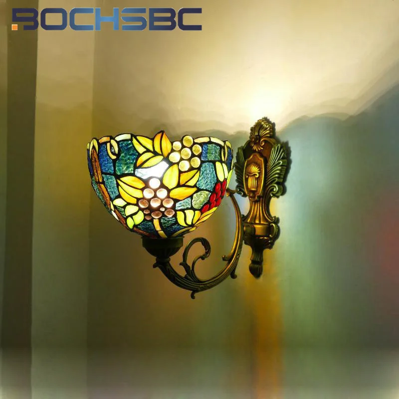 BOCHSBC Tiffany style stained glass European grape vintage wall lamp for living room bedroom bedside lamp aisle hallway LED deco