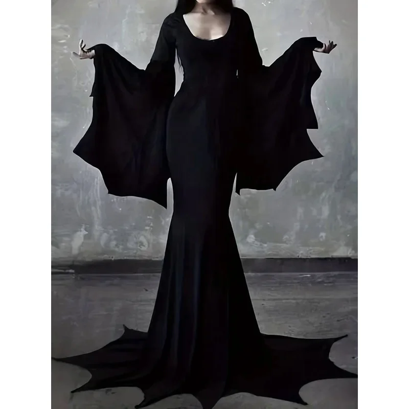 Women Retro Gothic High Waist Black Dress Vampire Bat Sleeve Maxi Dress Halloween Party Outfits Goth Cosplay Costume Streetwear