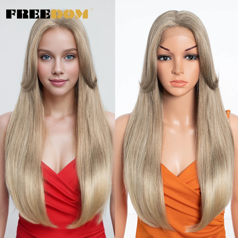 

FREEDOM Synthetic Lace Front Wigs For Women Straight Wig With Bangs 24 inches Ombre Brown Honey Blonde Lace Wigs Cosplay Wig