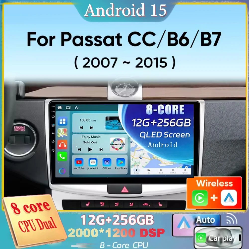 

Для Volkswagen VW Passat B7 B6 CC 2007-2015 Android 15 навигация автомобильный радиоприемник мультимедийный плеер стерео Carplay Auto 2K QLED GPS