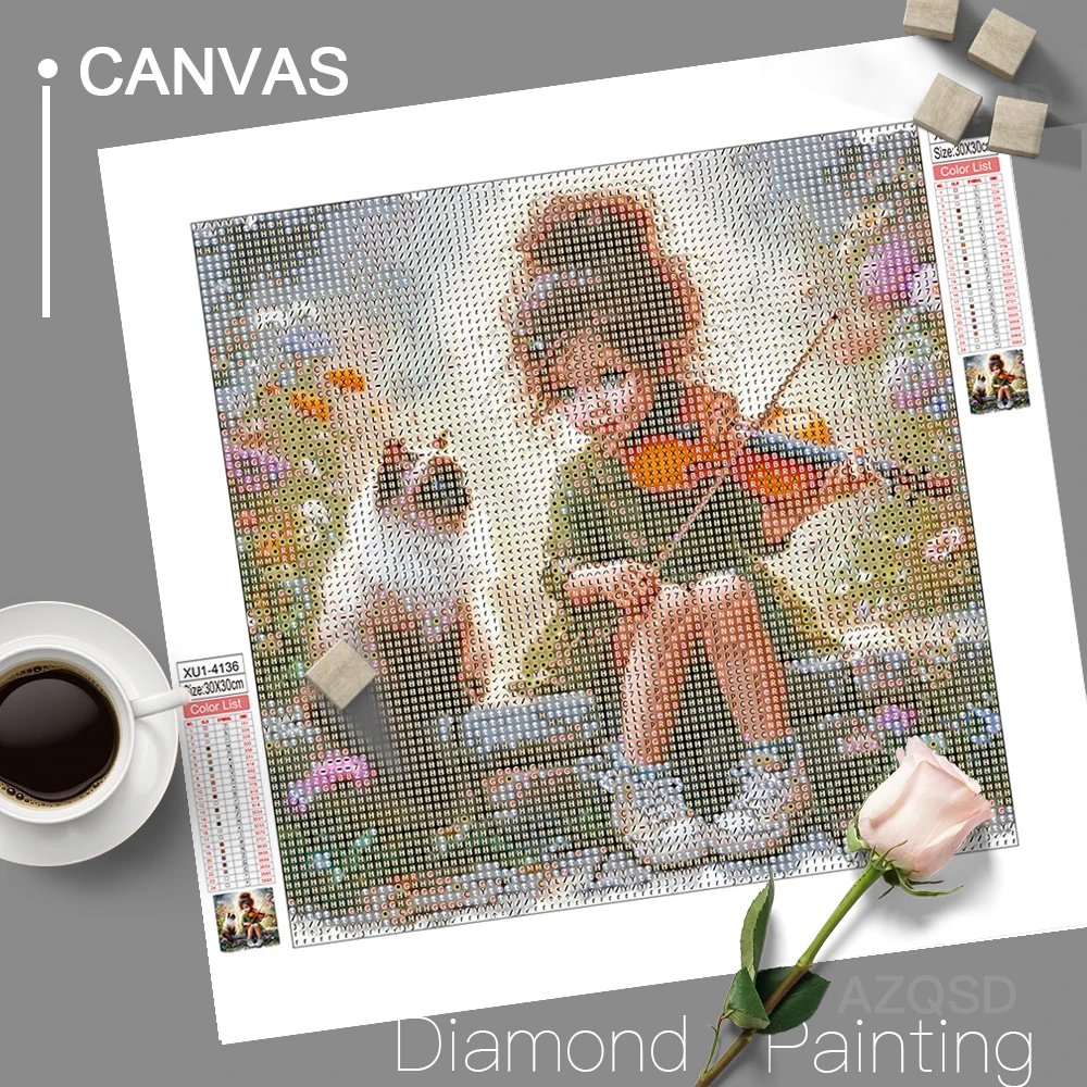AZQSD Diamond Painting Girl Dog Portrait Mosaic Rhinestones Pictures Embroidery Sale Seaside Home Decor Cross Stitch Kits