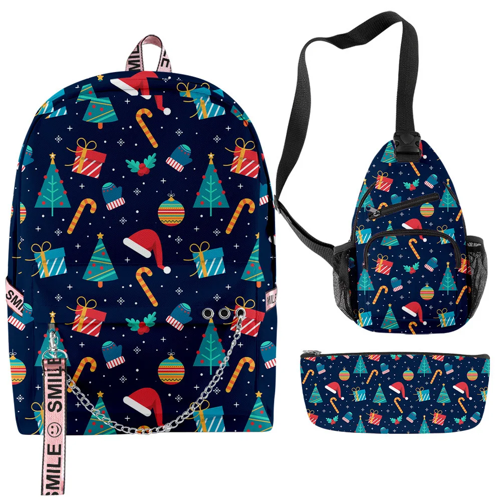 

Classic Popular Funny Merry Christmas 3D Printed 3pcs/Set School Bags multifunction Travel Backpack Chest Bag Pencil Case