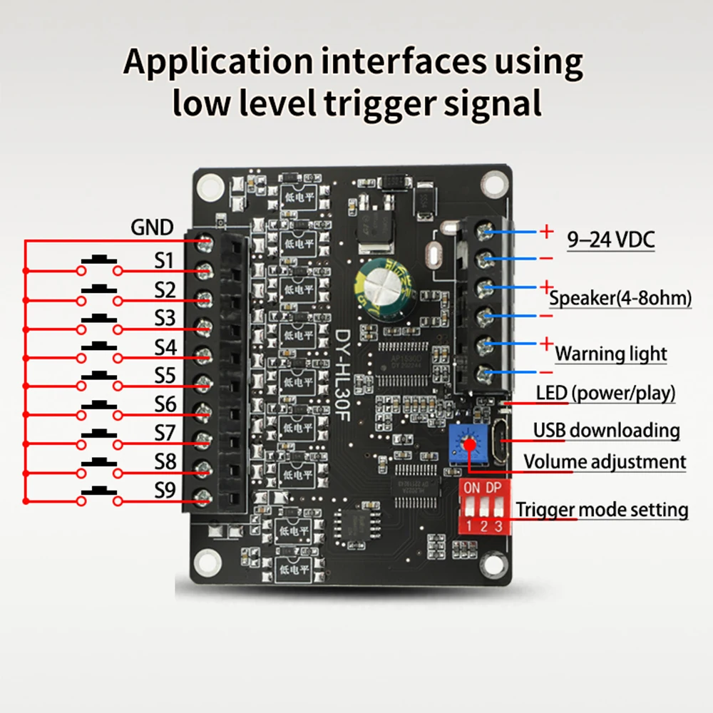 DC9-24V Voltage 30W Voice Broadcast MP3 Control Playback Audio Module High Low Level Module Voice Detection sensor with Shell