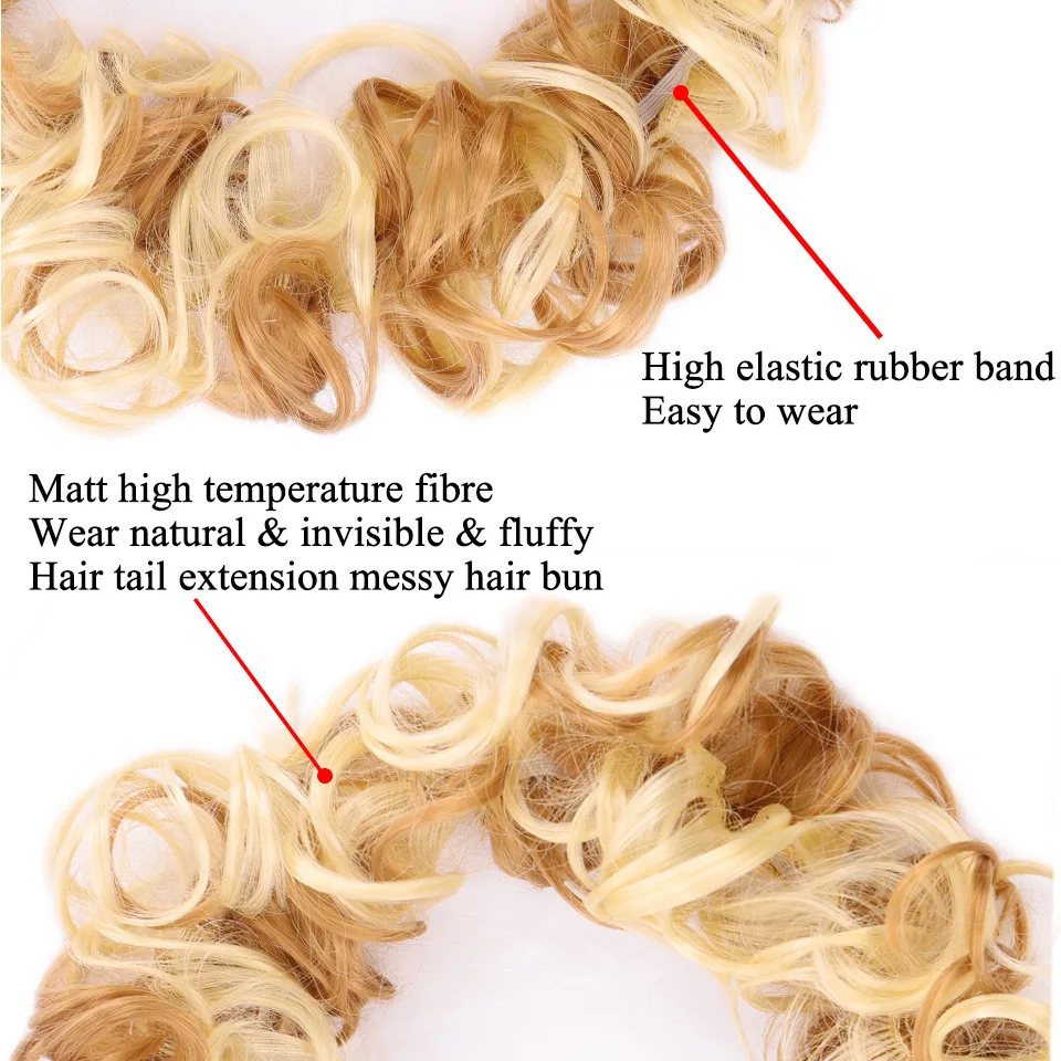 캐터필러 헤어 링 곱슬 시뇽 지저분한 번 합성 헤어 익스텐션, 탄성 밴드, 여성용 가짜 헤어 피스