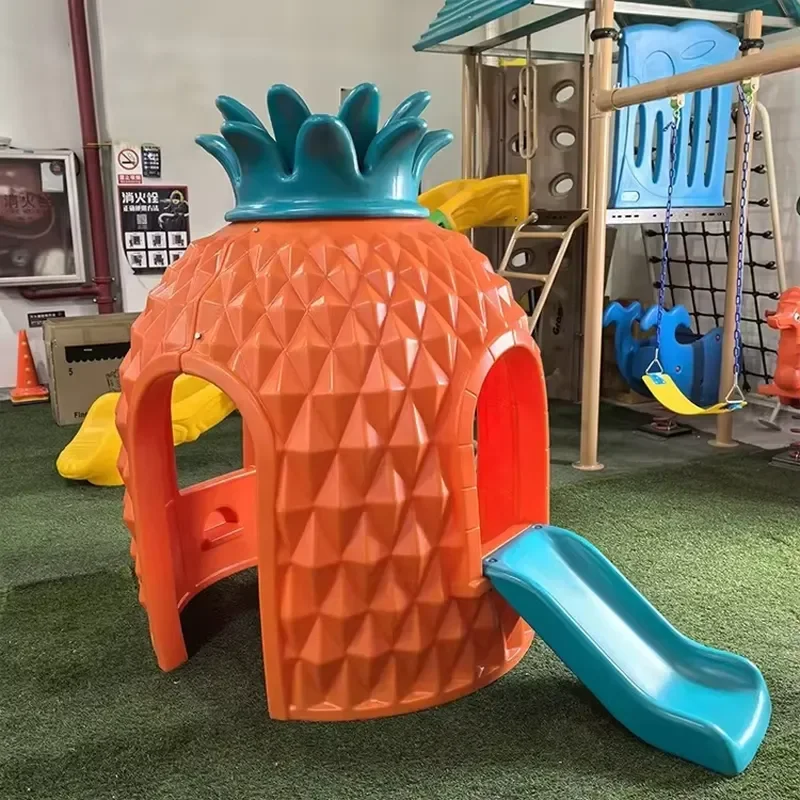 Interactive Plastic Pineapple Shaped Playhouse with Double Doors and Slide Sensory Development Toy for Kindergarten Outdoor