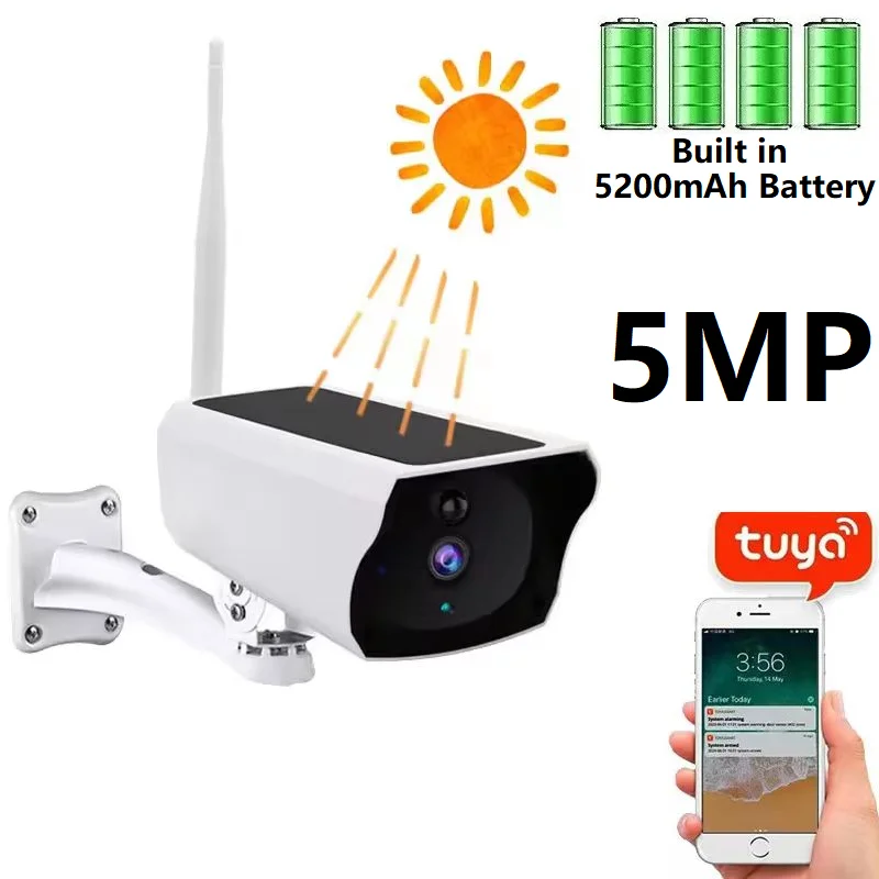 

FHD 5MP Tuya Solar Power WiFi Camera Built in Battery PIR Alarm Human Detection Two Way Audio IP66 Waterproof Wireless Camera