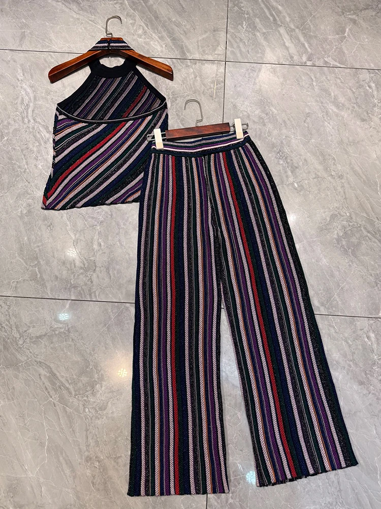 Retro color diagonal stripe hanging neck knitted suspender top two-piece set for 2026 summer women's clothing+knitted pants set