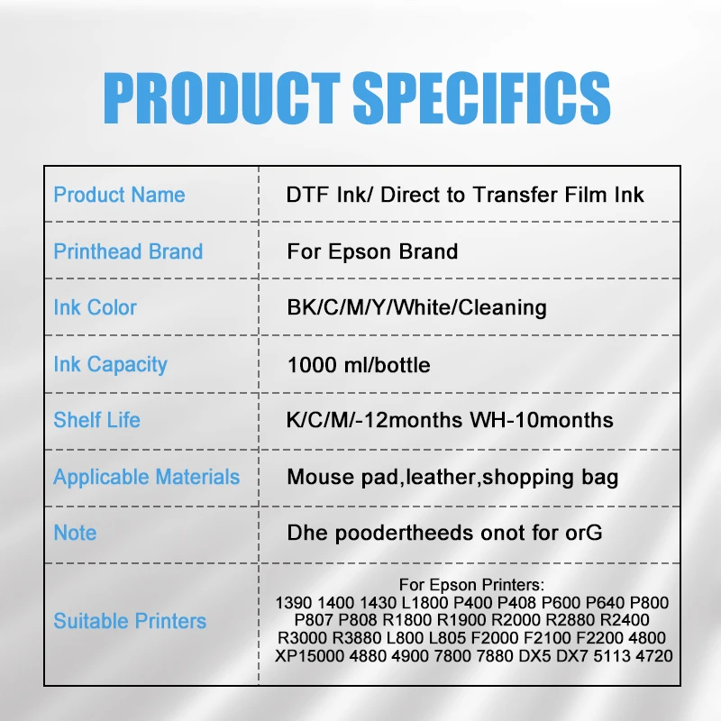 1000ML/Bottle DTF Ink For Epson L1800 L805 1390 4720 5113 I3200 F2000 F2100 DX5 DX7 P408Printer Head Direct To Transfer Film Ink