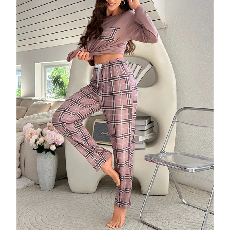 Women Pajamas Long Sleeves Plaid Pants Pajama Sets Autumn Winter Milk Silk O-neck Woman Loungewear Girls Nightwear