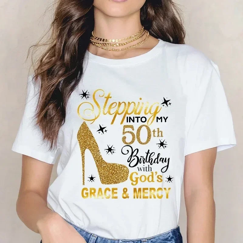 2024 50 & Fabulous 50 Years Old 50th Birthday Diamond Crown Shoes T-Shirt Graphic Tee Tops Woman T Shirts Gift for Mother's Day