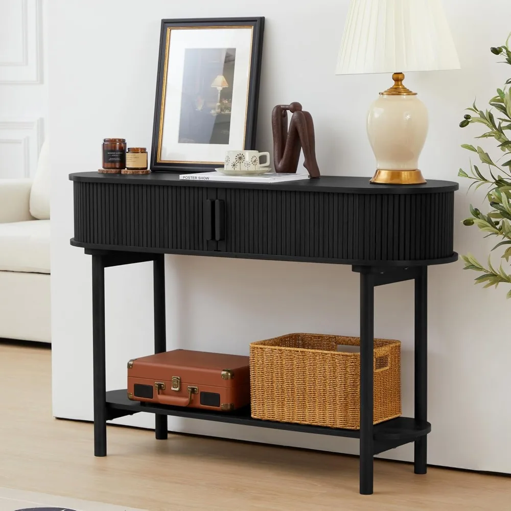 Fluted Console Table, Modern Entryway Table with Tambour Sliding Door, 2-Tier Sofa Table with Storage, Side Table Behind