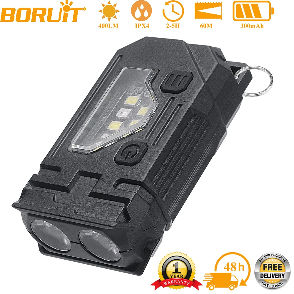 BORUiT 400LM LED Keychain EDC Flashlight Type-C Rechargeable Work Light Torch with Magnet Waterproof Camping Pocket Lantern