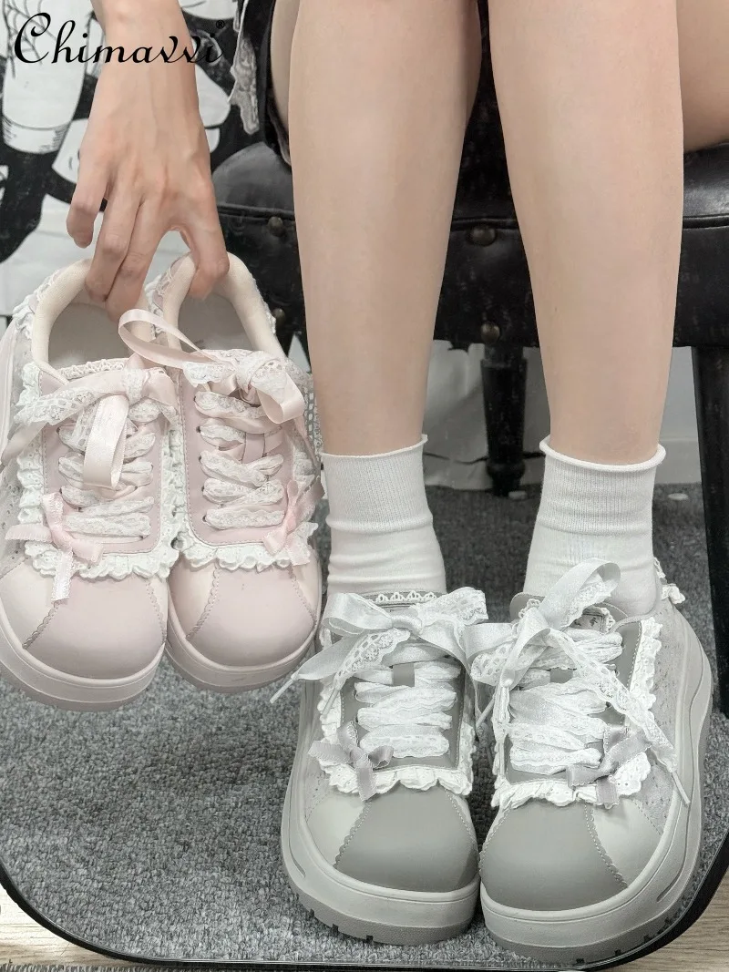 

Original Japanese Mine Series Sweet Girl Lace Trim Gray Pink Thick-Soled Sneakers Autumn Cute Women Kawaii Casual Women's Shoes