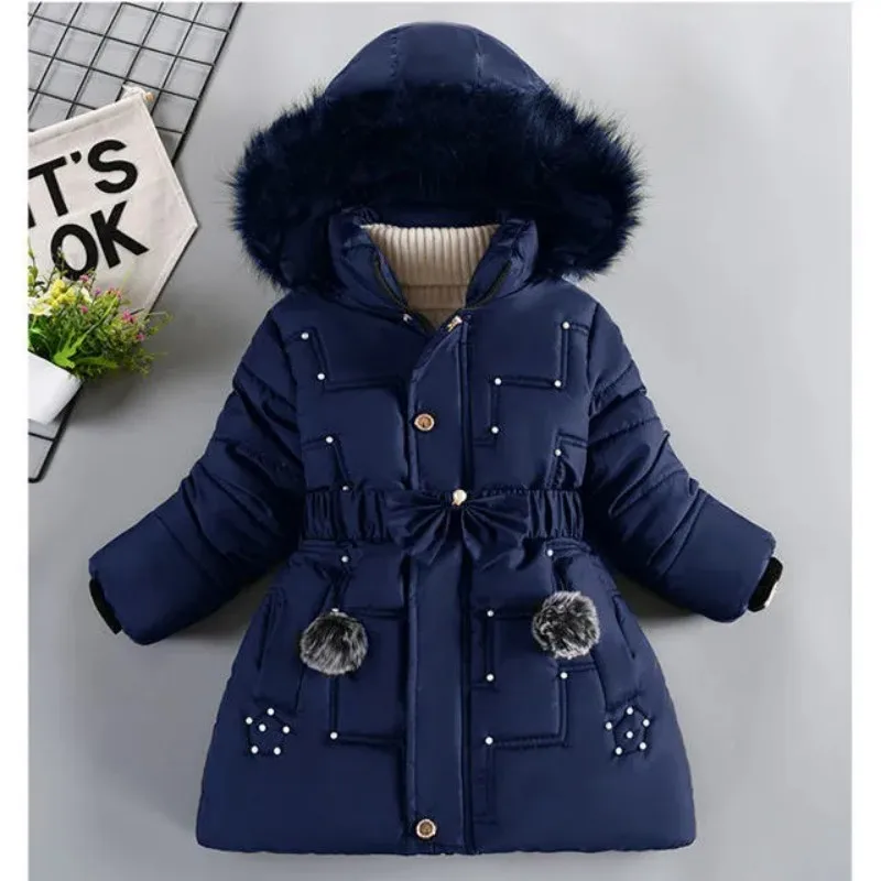 Thick Keep Warm Winter Girls Jacket Detachable Hat Plush Collar Hooded Padded Lining Coat For Kids Children Birthday Present